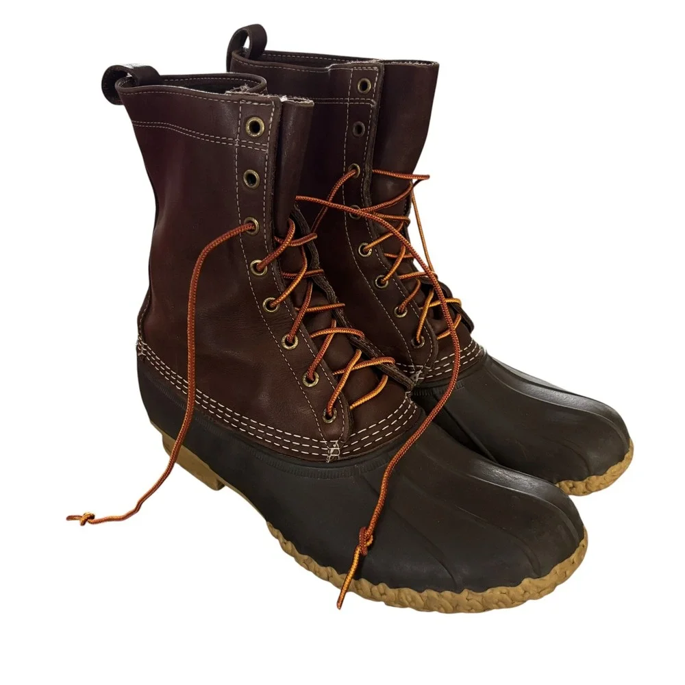 LL Bean Duck Boots Mens 10 Brown Excellent Sheepskin Cushioned Footbed 8-Inch